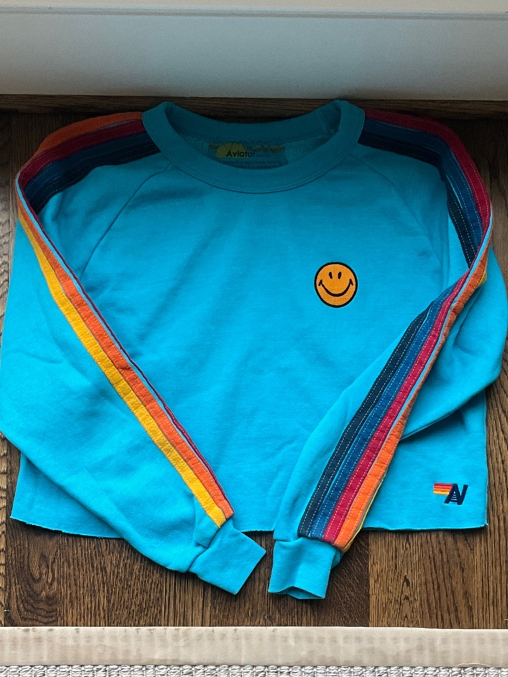Aviator Nation Turquoise Cropped Sweatshirt with Rainbow Sleeve Stripes, size M